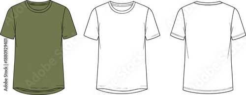 Men's Short Sleeve Crew Neck T-shirt Technical Fashion Illustration Featuring Olive Green Front View and White Blank Flat Sketch Template for Apparel Design Tech Pack