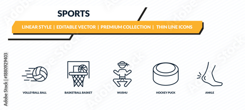 sports icons set - volleyball ball, basketball basket, wushu, hockey puck, ankle outline vector collection.