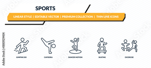 sports icons set - jumping ski, capoeira, dancer motion, skating, excercise outline vector collection.