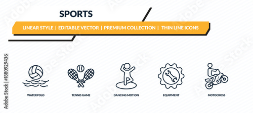 sports icons set - waterpolo, tennis game, dancing motion, equipment, motocross outline vector collection.