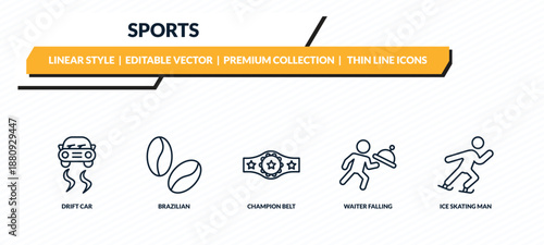 sports icons set - drift car, brazilian, champion belt, waiter falling, ice skating man outline vector collection.