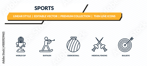 sports icons set - world cup, biathlon, exercise ball, medieval fencing, bullseye outline vector collection.