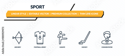 sport icons set - archery, football jersey, karate, hockey, commentator outline vector collection.