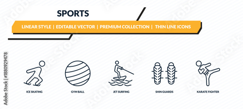 sports icons set - ice skating, gym ball, jet surfing, shin guards, karate fighter outline vector collection.