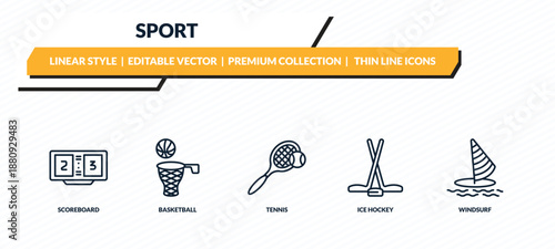 sport icons set - scoreboard, basketball, tennis, ice hockey, windsurf outline vector collection.