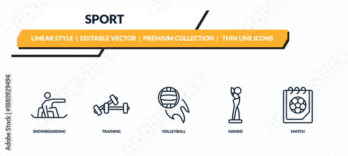 sport icons set - snowboarding, training, volleyball, award, match outline vector collection.
