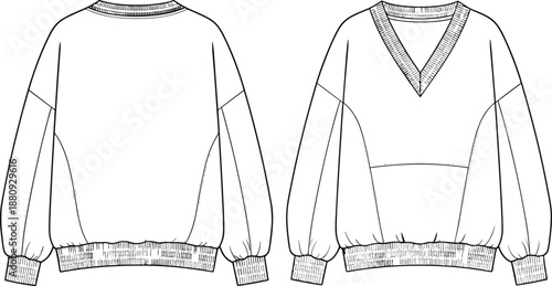 Technical fashion flat sketch of women v neck oversized sweatshirt with drop shoulder and ribbed trim front and back views for apparel mockup