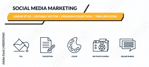 social media marketing icons set - fill, suggestion, color, big photo camera, square bubble outline vector collection.