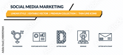 social media marketing icons set - transgender, postcard with stamp, letter color, seminar, letter with stamp outline vector collection.