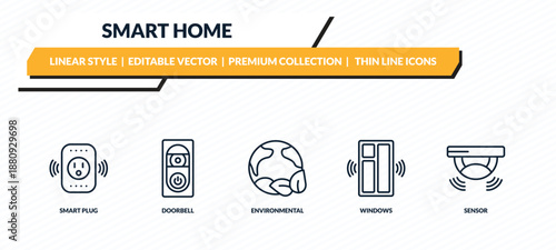 smart home icons set - smart plug, doorbell, environmental, windows, sensor outline vector collection.