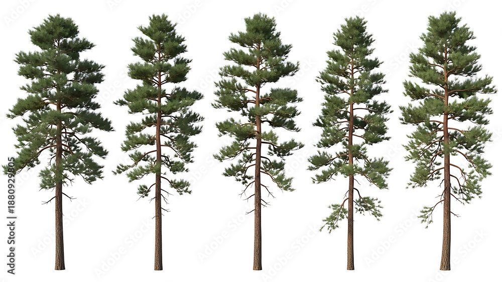 Obraz premium five pine trees isolated on white for architectural landscape rendering graphic design elements and natural environment visualization projects