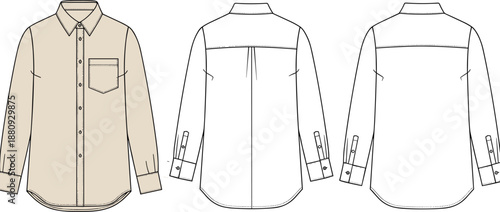Technical flat sketch of a long sleeve button down shirt with chest pocket and curved hem front and back views for fashion apparel design
