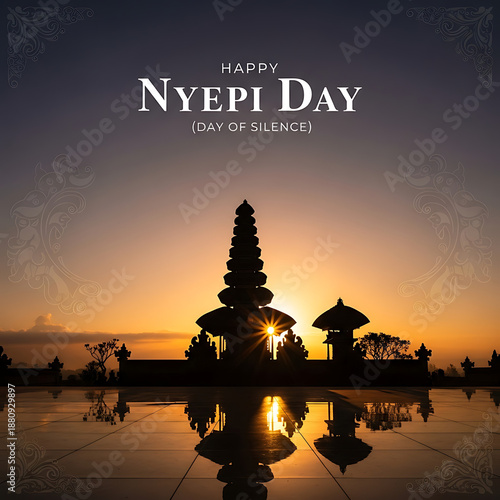 Sacred temple silhouette at twilight, reflecting the tranquil essence of Bali's Day of Silence, a moment of profound spiritual quietude
