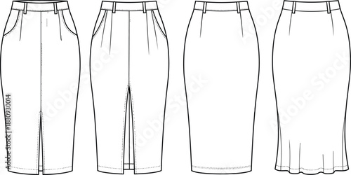 Technical flat sketch of a midi pencil skirt with front slit and pockets showing multiple views and variations for fashion apparel design tech pack