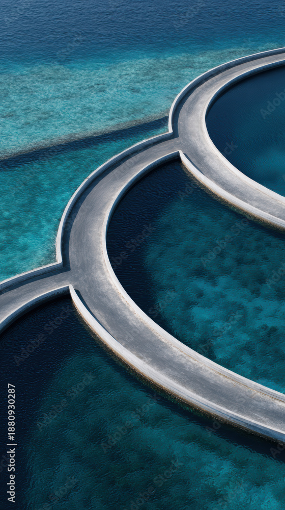 Fototapeta premium Curved seawall tidal pool turquoise water coastal lagoon marine pattern aerial view minimalist design concrete structure modern architecture ocean reef serenity