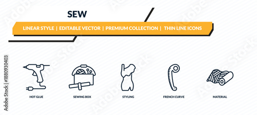 sew icons set - hot glue, sewing box, styling, french curve, material outline vector collection.