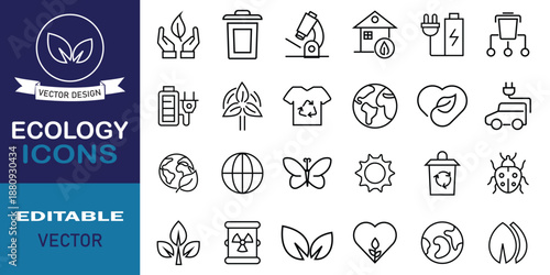 Ecology icon set symbol collection. Included icons as nature, environment, waste sorting, forest, electric bike, eco-friendly, electric car and more symbol. Editable stroke. Vector illustration.
