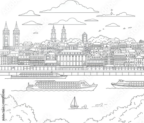 Of a city skyline with boats on a river buildings