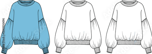 Women's Balloon Sleeve Sweatshirt Technical Fashion Illustration Set Featuring Light Blue Front View and White Blank Flat Sketch Templates for Casual Apparel Design Tech Pack