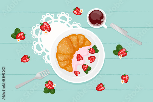 Vibrant banner with croissant, strawberry and coffee on blue wooden table. Lovely banner with food.Decorations for backery, cafe, restaurant.Flat cartoon style.Delicious breakfast or lunch.Vector illu