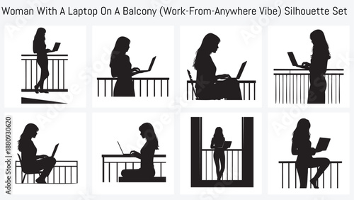 Woman With Laptop on Balcony Silhouettes Set - Female Freelancer Working Remotely, Digital Nomad Lifestyle Icons, Standing and Sitting Poses