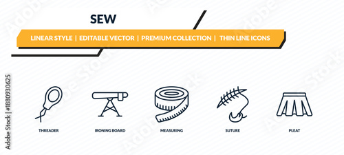 sew icons set - threader, ironing board, measuring, suture, pleat outline vector collection.