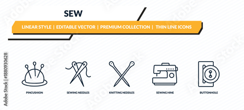 sew icons set - pincushion, sewing needles, knitting neddles, sewing hine, buttonhole outline vector collection.