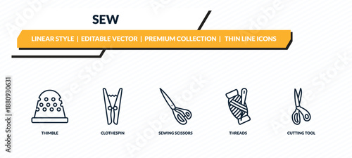 sew icons set - thimble, clothespin, sewing scissors, threads, cutting tool outline vector collection.
