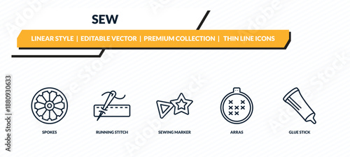 sew icons set - spokes, running stitch, sewing marker, arras, glue stick outline vector collection.