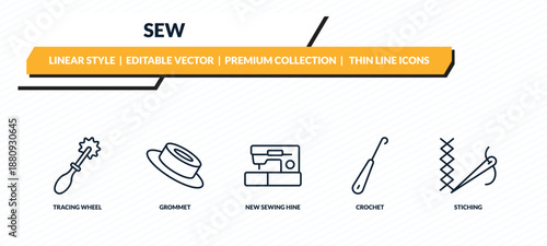 sew icons set - tracing wheel, grommet, new sewing hine, crochet, stiching outline vector collection.