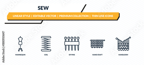 sew icons set - mannequin, coil, of pins, hand craft, handloom outline vector collection.