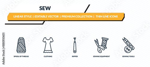 sew icons set - spool of thread, clothing, ripper, sewing equipment, sewing tools outline vector collection.