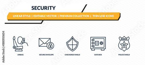 security icons set - airbag, secure envelope, checkered shield, safe box, police shield outline vector collection.