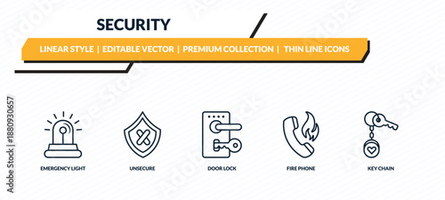 security icons set - emergency light, unsecure, door lock, fire phone, key chain outline vector collection.