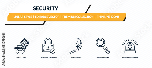security icons set - safety car, blocked padlock, match fire, transparent, ambulance alert outline vector collection.