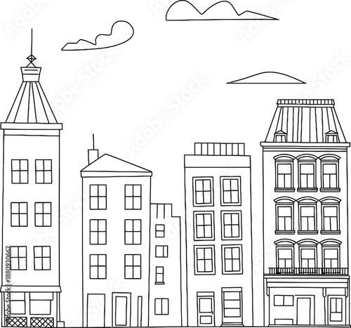 Row of buildings with various architectural styles and rooftops