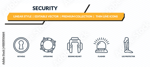 security icons set - keyhole, lifesaving, boxing helmet, flasher, leg protector outline vector collection.