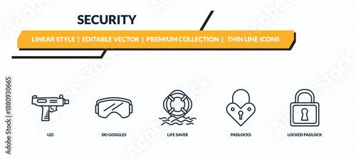 security icons set - uzi, ski goggles, life saver, padlocks, locked padlock outline vector collection.