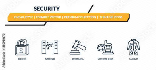 security icons set - big lock, turnstiles, court gavel, lifeguard chair, race suit outline vector collection.