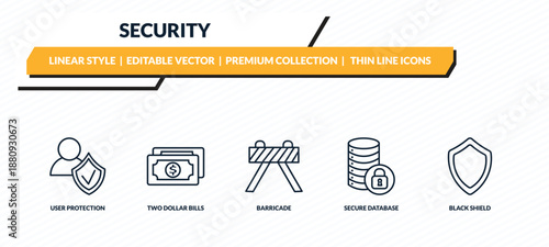 security icons set - user protection, two dollar bills, barricade, secure database, black shield outline vector collection.