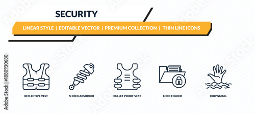 security icons set - reflective vest, shock absorber, bullet proof vest, lock folder, drowning outline vector collection.