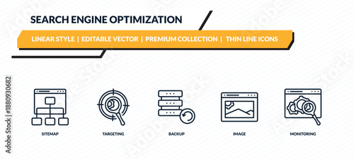 search engine optimization icons set - sitemap, targeting, backup, image, monitoring outline vector collection.