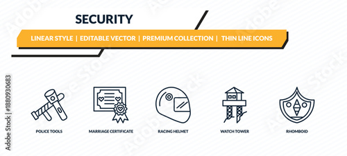 security icons set - police tools, marriage certificate, racing helmet, watch tower, rhomboid outline vector collection.