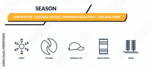season icons set - frost, cyclone, baseball cap, beach towel, crops outline vector collection.