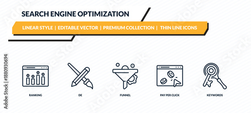 search engine optimization icons set - ranking, de, funnel, pay per click, keywords outline vector collection.
