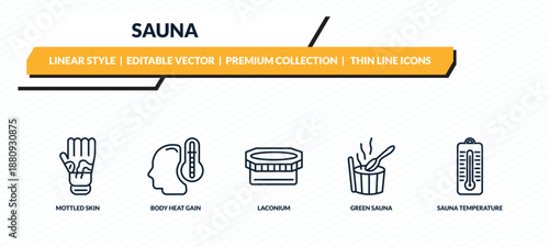 sauna icons set - mottled skin, body heat gain, laconium, green sauna, sauna temperature outline vector collection.