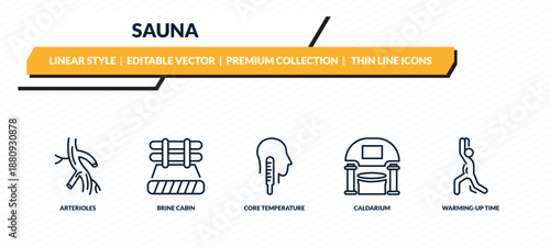 sauna icons set - arterioles, brine cabin, core temperature, caldarium, warming-up time outline vector collection.