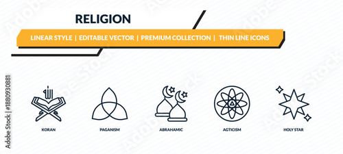 religion icons set - koran, paganism, abrahamic, agticism, holy star outline vector collection.