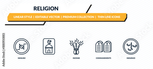 religion icons set - nihilism, , incense, commandments, induence outline vector collection.