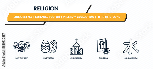 religion icons set - holy elephant, easter eggs, christianity, christian, confucianism outline vector collection.